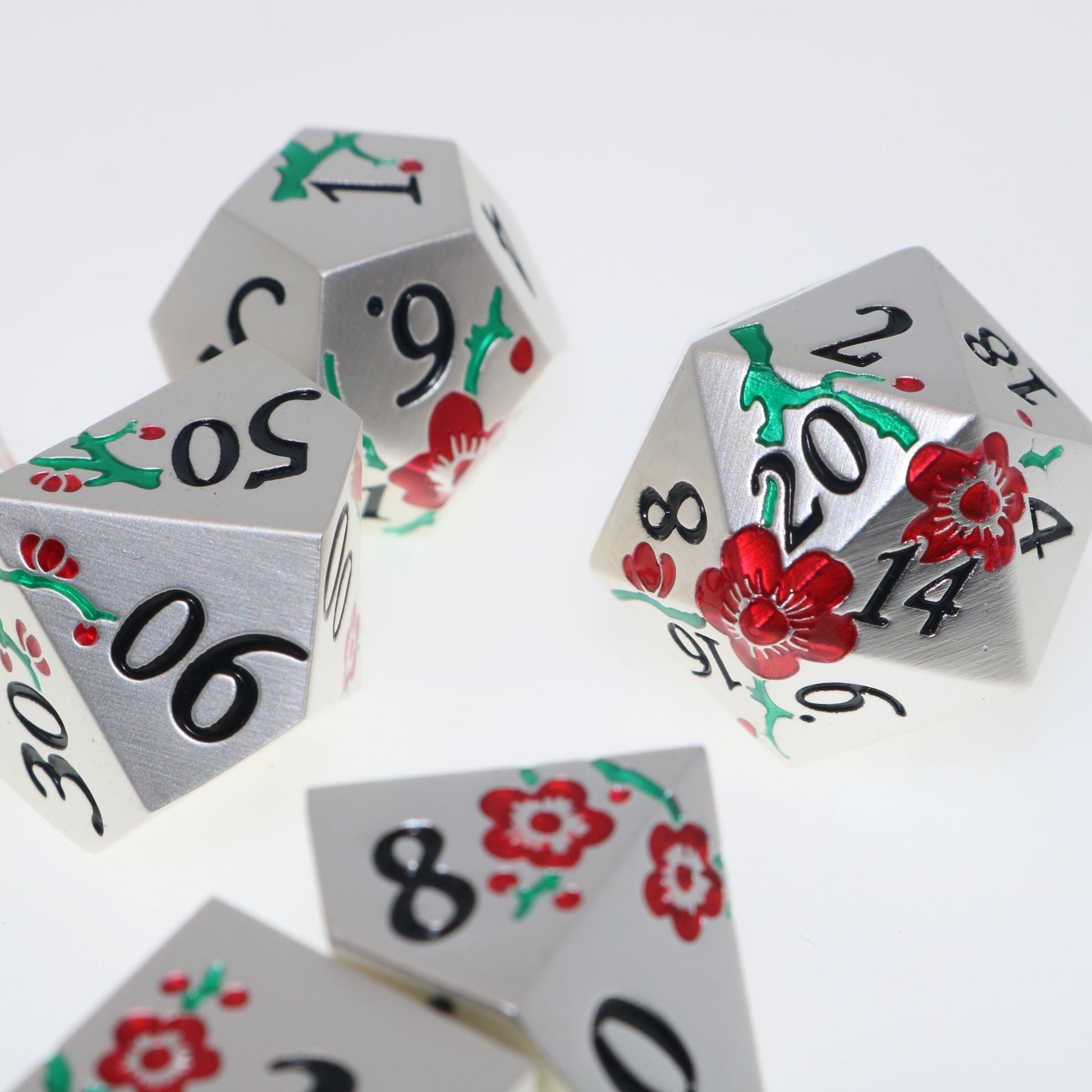 Silver & maroon metal flower dice